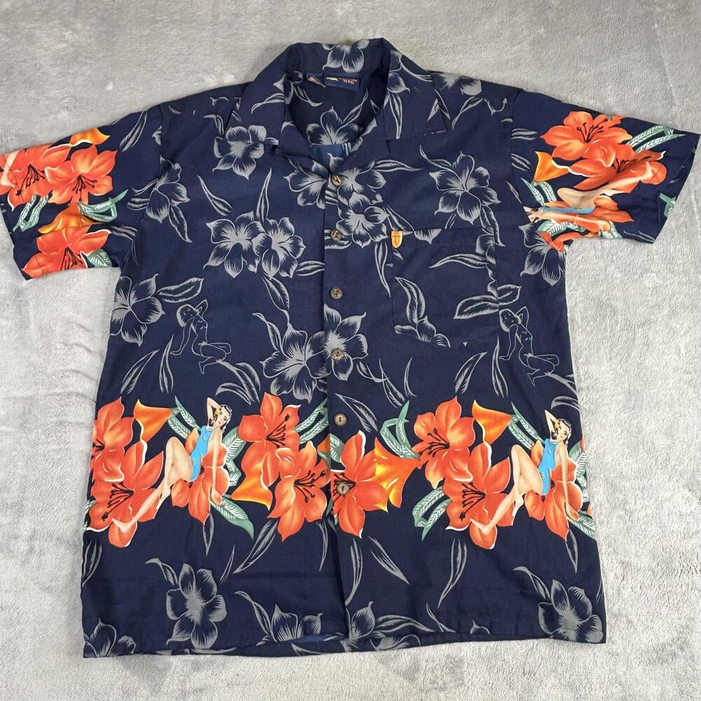 Roundy Bay Hawaiian Shirt Mens Medium Navy‎ Pinup Girl Floral Aloha Camp Button